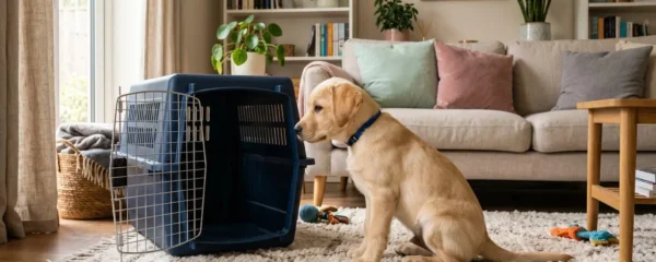 Chiot labrador de 8 semaines observant avec curiosité une niche ouverte dans un salon lumineux