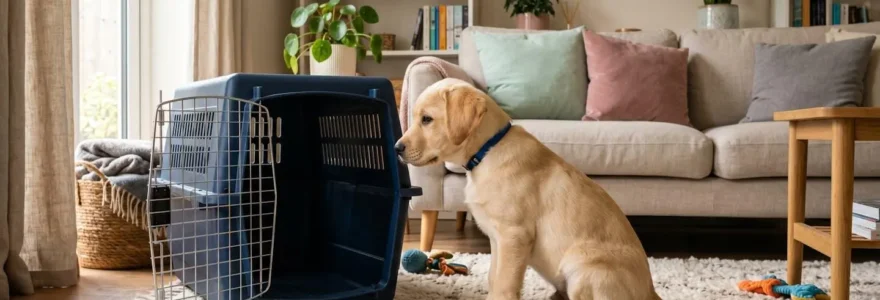 Chiot labrador de 8 semaines observant avec curiosité une niche ouverte dans un salon lumineux