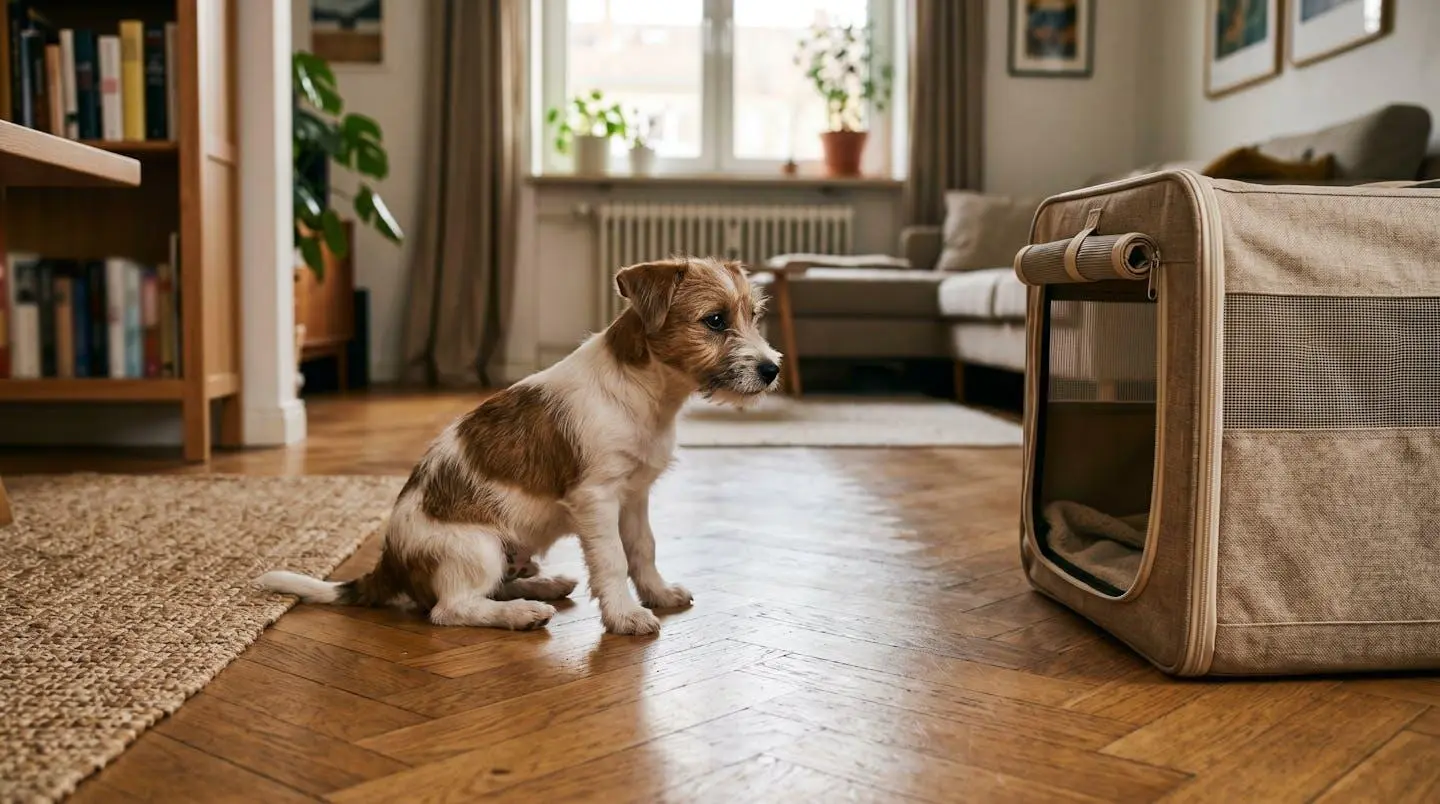 Chiot de type croisé assis à distance d'une niche ouverte, regard anxieux et posture basse