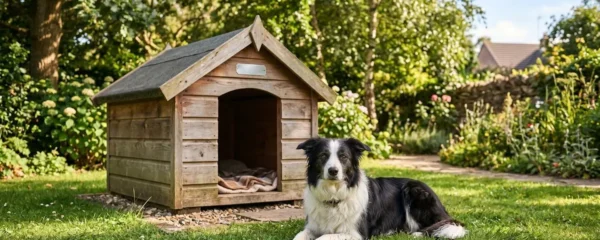 Chien de taille moyenne installé devant une niche en bois dans un jardin verdoyant