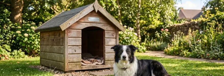 Chien de taille moyenne installé devant une niche en bois dans un jardin verdoyant
