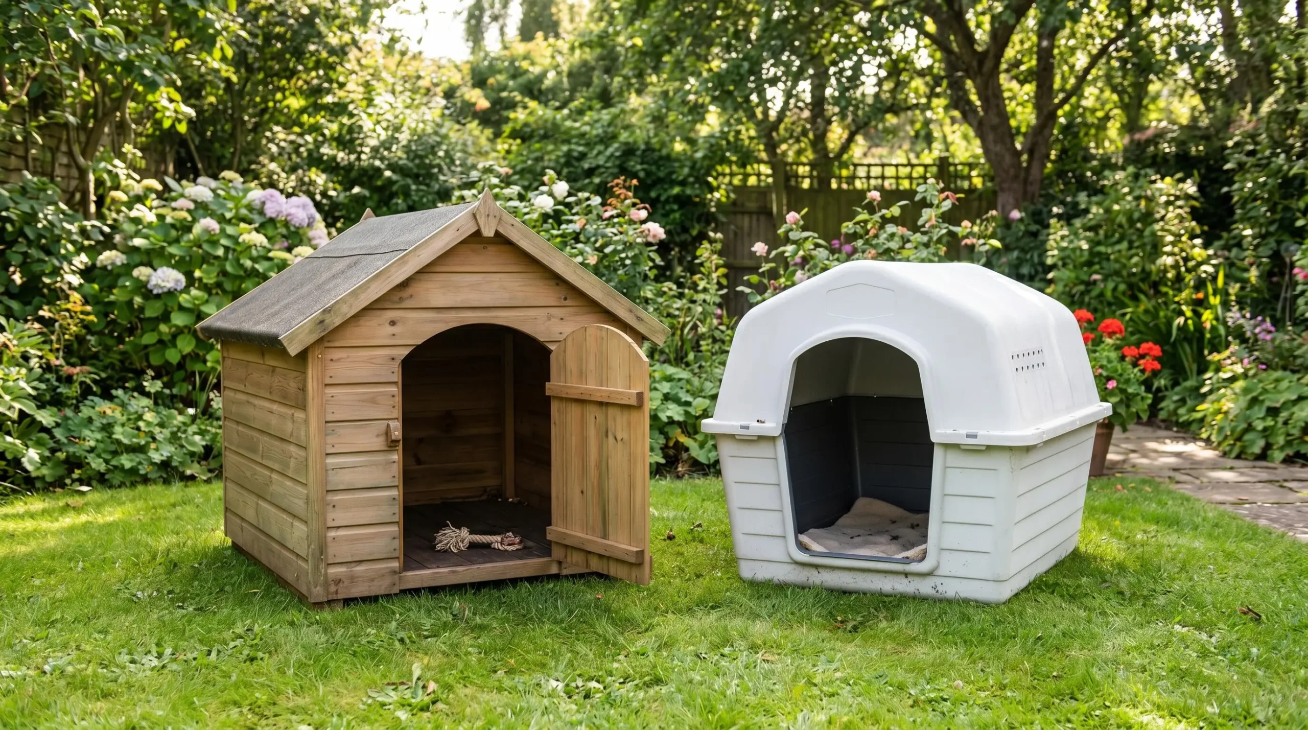 Comparaison côte à côte d'une niche en bois et d'une niche en plastique installées dans un jardin