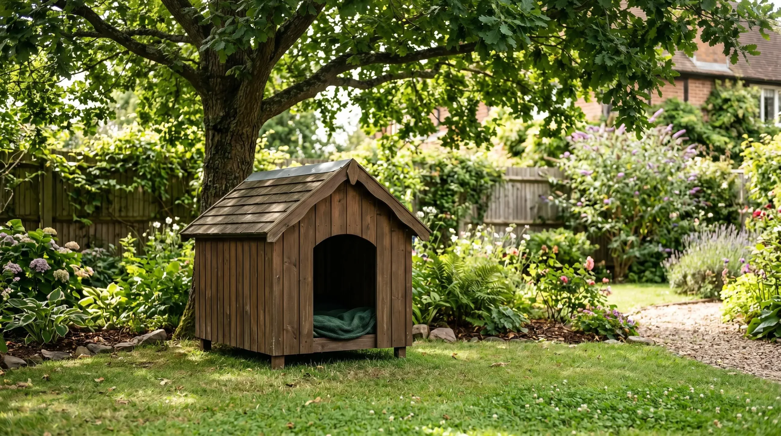 Niche en bois pour chien de taille moyenne placée à l'ombre partielle d'un arbre dans un jardin privé